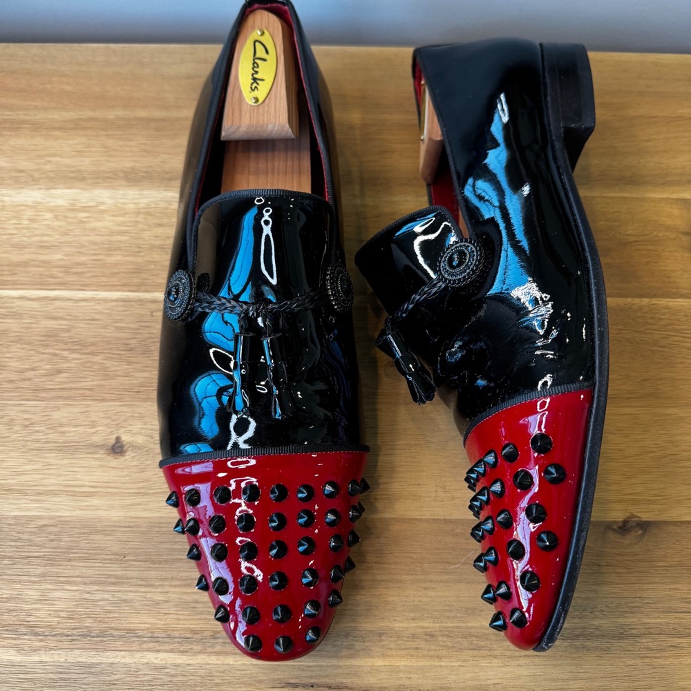 Vercini Men EU 43 Black Red Studded Spiked Patent‎ Leather Loafers Tassel Shoes